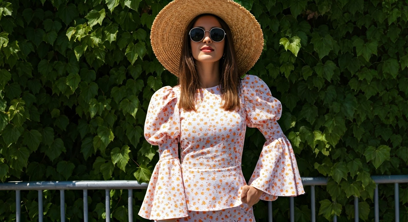 Fashion outfit with trendy sleeves.