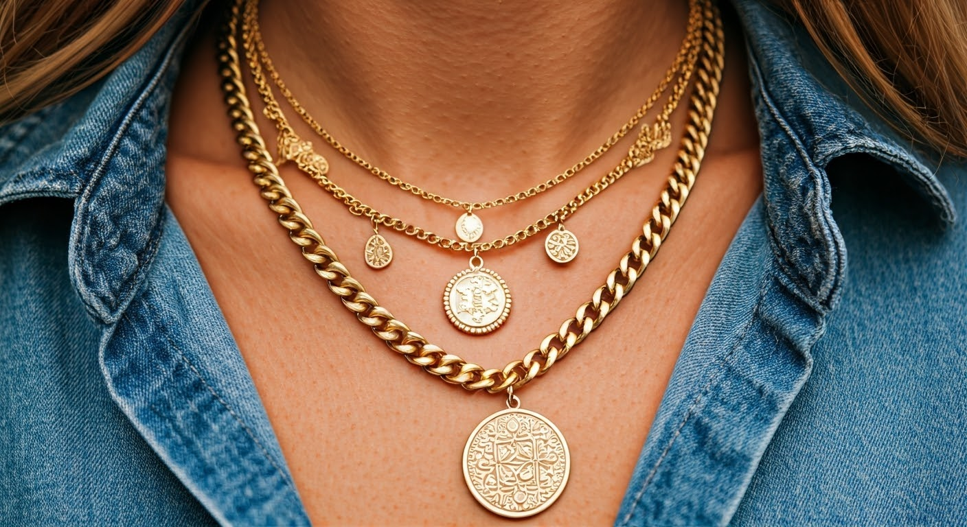 Layered summer jewelry on outfit.